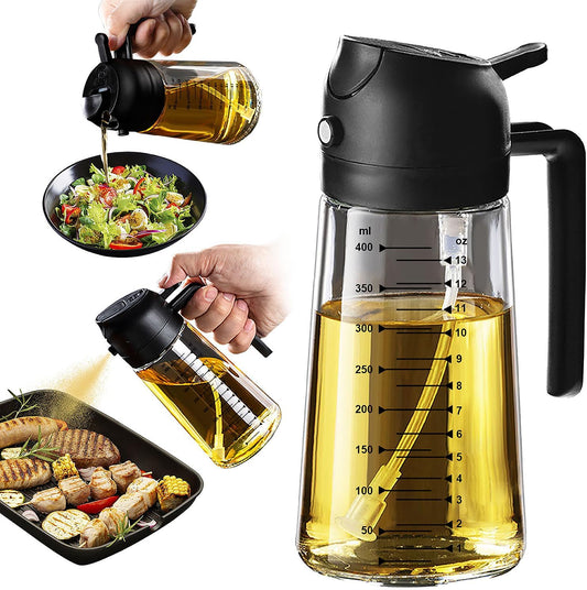 Glass Olive Oil Sprayer 16Oz/470ml – 2-in-1 Oil Dispenser Bottle for Cooking, Air Fryer, BBQ, Salad & Kitchen Gadgets (Black)